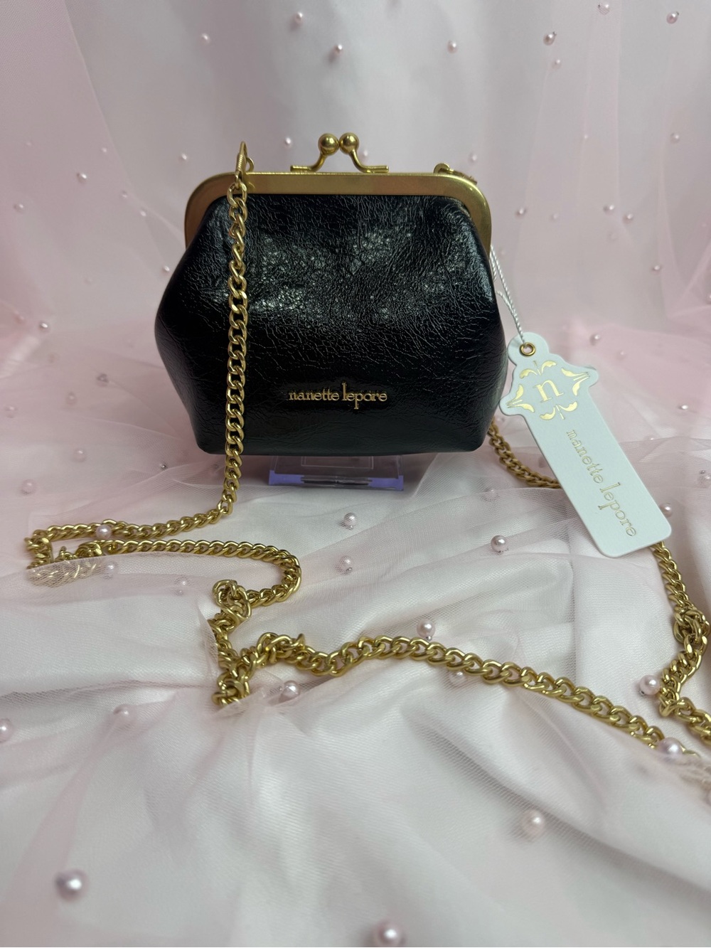 Nanette Lepore Black Glazed Raina Kiss-Lock Crossbody with Gold Chain